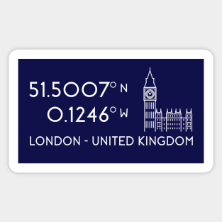 London Map Coordinates (latitude and longitude) focused on Big Ben - white text + image Sticker